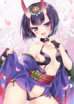  1girl :d bangs bare_shoulders black_hair blunt_bangs blush bob_cut breasts cherry_blossoms contrapposto cowboy_shot eyebrows_visible_through_hair eyelashes fangs fate/grand_order fate_(series) finger_to_mouth fingerless_gloves fingernails floral_background flower gem gloves gluteal_fold hair_ornament hikimayu horns japanese_clothes kimono long_sleeves looking_at_viewer mitsuba_choco navel obi off_shoulder oni oni_horns open_mouth petals revealing_clothes sash short_hair shuten_douji_(fate/grand_order) small_breasts smile solo thick_eyebrows violet_eyes wide_sleeves 