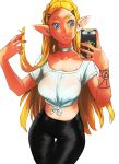  1girl alternate_universe black_pants blonde_hair blue_eyes breasts casual cellphone choker highres imdsound long_hair medium_breasts midriff pants phone pointy_ears princess_zelda shirt smartphone smile solo the_legend_of_zelda the_legend_of_zelda:_breath_of_the_wild thigh_gap tied_shirt 