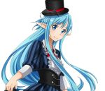  1girl asuna_(sao-alo) black_hat blue_eyes dress fang_out hat looking_at_viewer neck_ribbon pointy_ears red_ribbon ribbon skirt_hold smile solo striped sword_art_online transparent_background upper_body vertical-striped_dress vertical_stripes 