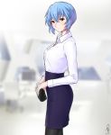  1girl ayanami_rei bag bangs black_legwear blue_skirt blurry blurry_background blush breasts casual collared_shirt commentary cowboy_shot dress_shirt fashion hair_between_eyes handbag holding_bag j_adsen light_smile long_sleeves looking_at_viewer looking_to_the_side medium_breasts medium_skirt neon_genesis_evangelion pantyhose pencil_skirt shirt short_hair signature skirt standing white_shirt wing_collar 