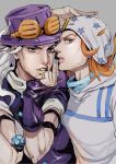  2boys blonde_hair blue_eyes brown_eyes dvqjo grey_hair gyro_zeppeli hat highres johnny_joestar jojo_no_kimyou_na_bouken lipstick makeup male_focus multiple_boys orange_lipstick steel_ball_run 