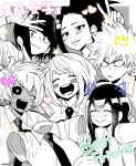  1boy 6+girls ;d ^_^ animal_ears ashido_mina asui_tsuyu bakugou_katsuki blush blush_stickers boku_no_hero_academia cat_ears closed_eyes greyscale hagakure_tooru heart invisible jirou_kyouka looking_at_viewer monochrome multiple_girls necktie one_eye_closed open_mouth photobomb ribbon school_uniform shoco_(sco_labo) short_sleeves smile text uraraka_ochako v wide-eyed yaoyorozu_momo 