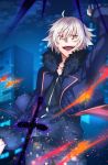  1boy arm_up building cowboy_shot cross fate/grand_order fate_(series) fur_trim genderswap genderswap_(ftm) highres jeanne_alter looking_at_viewer male_focus night official_style open_mouth pentarou_(2233456) ruler_(fate/apocrypha) short_hair silver_hair skyscraper smile solo takeuchi_takashi_(style) yellow_eyes 