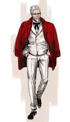  1boy beard bow bowtie cape colonel_sanders facial_hair formal full_body glasses grey_hair hands_in_pockets highres kfc male_focus mustache short_hair simple_background sketch solo suit walking white_background yy6242 