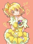  1girl arm_behind_back blonde_hair bow character_name chocokin closed_mouth cowboy_shot cure_pine earrings fresh_precure! hair_bow hair_ornament head_tilt heart heart_earrings heart_hair_ornament jewelry looking_at_viewer magical_girl orange_bow orange_choker orange_eyes pink_background precure short_hair side_ponytail skirt smile solo wrist_cuffs yamabuki_inori yellow_skirt 