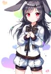  1girl animal_ears artist_name bangs black_hair closed_mouth eyebrows_visible_through_hair hands_up heart long_hair looking_at_viewer mechuragi own_hands_together puffy_shorts rabbit_ears red_eyes shiny shiny_hair shorts signature smile solo 