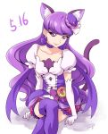  1girl animal_ears cat_ears cat_tail chocokin choker closed_mouth collarbone cropped_legs cure_macaron earrings elbow_gloves extra_ears food_themed_hair_ornament gloves hair_ornament jewelry kirakira_precure_a_la_mode kotozume_yukari layered_skirt legs_crossed long_hair looking_at_viewer macaron_hair_ornament magical_girl precure puffy_sleeves purple_choker purple_hair purple_legwear ribbon_choker sitting smile solo tail thigh-highs violet_eyes white_background white_gloves 