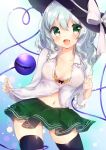  1girl :d black_hat black_legwear blush bow bra breasts cleavage collarbone contrapposto cowboy_shot eyebrows_visible_through_hair gluteal_fold green_eyes green_skirt hair_bow hat hat_bow highres komeiji_koishi long_hair medium_breasts midriff miniskirt navel no_panties open_clothes open_mouth open_shirt see-through shanghai_bisu shirt silver_hair skirt smile solo standing stomach sun_hat thigh-highs touhou underwear white_bow yellow_bra 