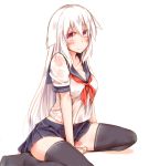  1girl albino between_legs black_legwear blush breasts closed_mouth commentary_request frown hair_flaps hand_between_legs long_hair looking_at_viewer medium_breasts miniskirt neckerchief no_shoes original paw_print platinum_blonde pleated_skirt red_eyes rinrin_(927413) school_uniform see-through_silhouette serafuku shirt short_sleeves simple_background sitting skirt solo sweat thigh-highs very_long_hair wariza wet wet_clothes wet_shirt white_background 