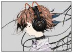  1girl absurdres audio_jack blush border brown_hair cable choker closed_eyes grey_background hatching_(texture) headphones highres mole mole_under_eye original sasami_(ki) short_hair simple_background solo upper_body white_border 