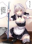  1girl ahoge alternate_costume apron blonde_hair blush breasts cleavage commentary_request dress enmaided fate/grand_order fate_(series) frills garter_straps highres iriehana jeanne_alter looking_at_viewer maid maid_apron maid_headdress medium_breasts puffy_short_sleeves puffy_sleeves ruler_(fate/apocrypha) short_sleeves solo speech_bubble sweatdrop thigh-highs translation_request waist_apron white_legwear wrist_cuffs yellow_eyes 