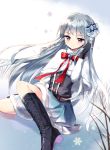  1girl belt black_boots blue_skirt blush boots bow capelet fur_trim gloves grey_hair hair_ornament hand_up knee_boots mechuragi red_bow red_ribbon ribbon shiny shiny_hair sitting skirt smile snowflakes solo violet_eyes white_gloves 