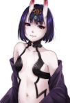  1girl aoki_eichi bob_cut breasts closed_mouth fate/grand_order fate_(series) looking_at_viewer navel oni oni_horns pale_skin purple_hair short_hair shuten_douji_(fate/grand_order) simple_background small_breasts solo violet_eyes white_background 