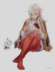  1girl blush coffee_mug fate/grand_order fate_(series) fou_(fate/grand_order) grey_background highres jacket_on_shoulders kouzuki_kei long_hair messy_hair olga_marie pantyhose red_legwear simple_background sitting sketch solo steam white_background white_hair 