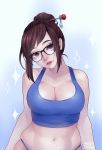  1girl artist_name belly black-framed_eyewear blue_background blue_panties blush breasts brown_hair cleavage crop_top glasses gradient gradient_background hair_ornament hair_stick head_tilt highres large_breasts lips long_hair mei_(overwatch) milkgrrl navel no_pupils nose overwatch panties pink_lips short_hair stomach tank_top underwear white_background 