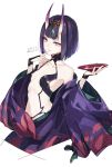  1girl alcohol bare_shoulders blush breasts cup dated fate/grand_order fate_(series) highres horns japanese_clothes kimono looking_at_viewer minatsuki_(lapislazzuli169) navel oni oni_horns purple_hair sakazuki sake short_hair shuten_douji_(fate/grand_order) signature small_breasts solo violet_eyes 
