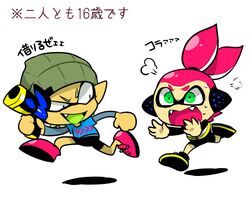  2boys beanie bike_shorts domino_mask fangs fleeing green_eyes green_hair hat headgear hero_shot_(splatoon) inkling looking_at_another male_focus male_inkling mask multiple_boys nana_(raiupika) pink_hair running shirt simple_background splatoon t-shirt tentacle_hair topknot translation_request vest white_background 