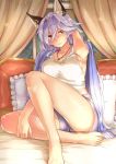  1girl abo_(hechouchou) animal_ears bangs barefoot blush breasts collarbone commentary_request curtains erun_(granblue_fantasy) granblue_fantasy hair_between_eyes hairband hand_in_hair heles indoors jewelry knee_up legs long_hair looking_at_viewer medium_breasts necklace on_bed pendant pillow red_eyes shorts silver_hair sitting smile solo thighs white_tank_top window 