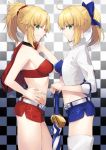  2girls ahoge bare_shoulders blonde_hair bow breasts checkered checkered_background citron_82 closed_umbrella excalibur eyebrows_visible_through_hair fate/apocrypha fate/grand_order fate/stay_night fate_(series) green_eyes hair_bow highres long_hair looking_at_viewer medium_breasts multiple_girls parted_lips ponytail profile racequeen saber saber_of_red short_shorts shorts smile standing umbrella 