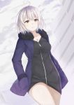  1girl ahoge bangs building clouds cloudy_sky coat day dress dutch_angle fate/grand_order fate_(series) fur_trim hands_in_pockets highres jeanne_alter jewelry looking_at_viewer mirai_(mirai76_) necklace outdoors parted_lips pocket ruler_(fate/apocrypha) short_hair silver_hair sky solo standing yellow_eyes 