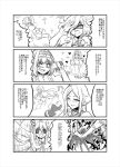  4girls :d blush blush_stickers bow braid breasts cleavage comic drill_hair garie_tuman greyscale hair_bow hair_over_one_eye hair_tousle hairband heart kouji_(kari) large_breasts laser_beam leiur_darahim long_hair micha_jawkan monochrome multiple_girls open_mouth phara_suyuf profile senki_zesshou_symphogear sharp_teeth short_hair single_braid skirt_hold smile sparkle sweatdrop teeth twin_drills very_long_hair waving_arms 