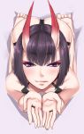  1girl :q ass bangs barefoot blunt_bangs blush closed_mouth collarbone eyebrows_visible_through_hair eyeshadow fate/grand_order fate_(series) fingernails from_above full_body half-closed_eyes horns jewelry kneeling leaning_forward licking_lips lips long_fingernails looking_at_viewer looking_up makeup oni oni_horns palms purple_hair ring short_hair shuten_douji_(fate/grand_order) shuugetsu_karasu solo thick_eyebrows tongue tongue_out tsurime violet_eyes 