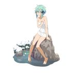  1girl barefoot blue_eyes blue_hair breasts cleavage collarbone feet full_body hair_between_eyes hair_ornament hairclip looking_at_viewer naked_towel parted_lips shinon_(sao) short_hair_with_long_locks sidelocks simple_background sitting small_breasts snow solo sword_art_online toes towel water wet white_background white_towel 