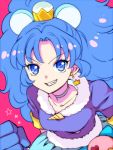  1girl animal_ears blue_choker blue_eyes blue_gloves blue_hair choker crown cure_gelato earrings extra_ears fang fur_trim gloves grin jewelry kagami_chihiro kirakira_precure_a_la_mode lion_ears long_hair looking_at_viewer magical_girl mini_crown open_mouth pink_background precure simple_background smile solo tail tategami_aoi 