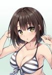  1girl bikini breasts brown_eyes brown_hair cleavage eyebrows_visible_through_hair front-tie_bikini front-tie_top gradient gradient_background katou_megumi large_breasts looking_at_viewer parted_lips saenai_heroine_no_sodatekata sena_chifuyu simple_background solo striped striped_bikini swimsuit upper_body 