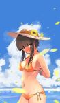  1girl absurdres arms_behind_back artist_name bangs bikini blunt_bangs bracelet brown_eyes brown_hair flower hat highres jewelry jovejun looking_at_viewer mouth navel ocean open original petals sidelocks sky solo straw_hat sunflower swimsuit thick_eyebrows tsubomioka_happa 