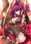 1girl absurdres arm_up armpits bangs blush breasts cleavage cosplay fate/grand_order fate_(series) hair_between_eyes highres holding holding_sword holding_weapon japanese_clothes katana kimono large_breasts long_hair looking_at_viewer magatama miyamoto_musashi_(fate/grand_order) miyamoto_musashi_(fate/grand_order)_(cosplay) nez-kun obi purple_hair red_eyes sash scathach_(fate/grand_order) short_kimono smile solo sword thigh-highs weapon 