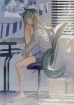  1girl animal_ears bangs bare_legs barefoot blue_shorts bored box cardboard_box chair computer_keyboard dappled_sunlight dated day denim denim_shorts empty_eyes from_side full_body green_eyes green_hair head_rest head_tilt highres indoors knee_up long_hair long_sleeves ookamisama original poster_(object) room shorts shutter signature sitting sleeves_past_wrists solo sunlight sweater swept_bangs table tail translation_request white_sweater wolf_ears wolf_tail 