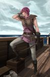  1boy annelie arrow artist_name bag bandage belt boots bow_(weapon) clouds cloudy_sky dated fire_emblem fire_emblem_gaiden gloves leo_(fire_emblem) male_focus purple_hair quiver ship sky solo water watercraft weapon 