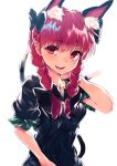  1girl animal_ears asuzemu bangs black_bow bow braid cat_ears cat_tail commentary_request eyebrows_visible_through_hair hair_bow highres kaenbyou_rin long_hair looking_at_viewer open_mouth red_eyes redhead simple_background solo tail teeth touhou twin_braids white_background 