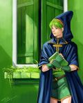  1boy annelie artist_name belt book capelet fingerless_gloves fire_emblem fire_emblem:_mystery_of_the_emblem gloves grass green_eyes green_hair hood male_focus marich solo upper_body window 