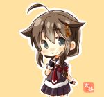  1girl ahoge artist_name black_gloves black_serafuku black_skirt blue_eyes braid brown_hair fingerless_gloves gloves hair_between_eyes hair_flaps highres kantai_collection long_hair neckerchief orange_background pleated_skirt red_neckerchief remodel_(kantai_collection) school_uniform serafuku shigure_(kantai_collection) short_sleeves simple_background single_braid skirt smile solo taisa_(kari) 