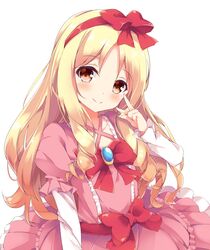  1girl arm_at_side ascii_media_works bangs blonde_hair blush bow bowtie brooch brown_eyes closed_mouth collarbone commentary_request dress drill_hair eromanga_sensei eyebrows_visible_through_hair flat_chest fuuna hair_bow hairband head_tilt highres jewelry layered_dress layered_sleeves long_hair long_sleeves looking_at_viewer parted_bangs pink_dress puffy_short_sleeves puffy_sleeves red_bow red_bowtie red_hairband shiny shiny_hair short_sleeves simple_background smile solo tareme twin_drills upper_body v white_background yamada_elf 