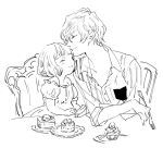  2girls bob_cut bridgette_(granblue_fantasy) cake cordelia_garnet dress food forehead_kiss fork granblue_fantasy harbin kiss monochrome multiple_girls pointy_ears shirt short_hair size_difference sketch yuri 