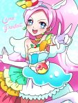  1girl :d blue_background blue_eyes blue_hairband blue_skirt boots character_name cure_parfait earrings food food_themed_hair_ornament fruit gloves hair_ornament hairband jewelry kagami_chihiro kirakira_precure_a_la_mode layered_skirt long_hair looking_at_viewer magical_girl open_mouth orange orange_slice pink_hair precure rainbow_order skirt smile solo sparkle spoilers standing standing_on_one_leg v white_boots white_gloves wide_ponytail 