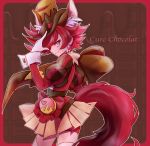  1girl animal_ears artist_request brown_cape character_name chocolate cure_chocolat earrings english extra_ears eyelashes gloves happy hat jewelry juliet_sleeves kenjou_akira kirakira_precure_a_la_mode long_sleeves looking_at_viewer magical_girl precure puffy_sleeves red_eyes redhead ribbon short_hair shorts shorts_under_skirt skirt smile solo spiky_hair standing tail thigh-highs thighs white_gloves 