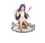  1girl ;d ahoge barefoot blush breasts cleavage collarbone feet floating_hair full_body grin hairband holding long_hair naked_towel one_eye_closed open_mouth purple_hair red_eyes red_hairband simple_background sitting small_breasts smile soap soles solo spread_toes sword_art_online toes towel very_long_hair white_background white_towel yuuki_(sao) 