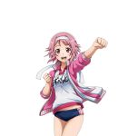  1girl :d buruma clenched_hands cowboy_shot gym_uniform headband lisbeth_(sao-alo) long_hair looking_at_viewer open_mouth outstretched_arm pink_hair pink_sweater red_eyes shiny shiny_skin short_hair smile solo standing sweater sword_art_online transparent_background 