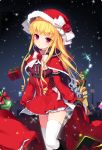  1girl bangs black_gloves blonde_hair blush capelet cinia_pacifica eyebrows_visible_through_hair gift gloves hat holding long_hair looking_at_viewer mechuragi parted_lips ringlets sack santa_costume santa_hat solo standing sword_girls thigh-highs thighs violet_eyes white_legwear 