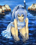  1girl absurdres artist_signature bare_shoulders bikini bikini_skirt blue_hair frilled_bikini frills headgear highres looking_at_viewer ponytail puribate_(helgoland) smile solo swimsuit wading water wet wet_clothes yellow_eyes 