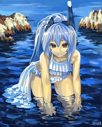  1girl absurdres artist_signature bare_shoulders bikini bikini_skirt blue_hair frilled_bikini frills headgear highres looking_at_viewer ponytail puribate_(helgoland) smile solo swimsuit wading water wet wet_clothes yellow_eyes 