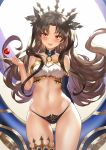  1girl arm_behind_back armlet asymmetrical_legwear asymmetrical_sleeves bangs bare_shoulders black_hair black_panties blush breasts cleavage cowboy_shot detached_collar earrings elbow_gloves eyebrows_visible_through_hair fang fate/grand_order fate_(series) glint gloves gluteal_fold hair_ribbon hoop_earrings ishtar_(fate/grand_order) jewelry long_hair looking_at_viewer medium_breasts midriff mr_cloud navel open_mouth panties parted_bangs red_eyes ribbon single_elbow_glove single_thighhigh smile solo thigh-highs thighs tohsaka_rin two_side_up underwear 