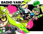  2boys 2girls beanie blue_eyes bobblehat brown_eyes cover cover_page domino_mask fan fang female_inkling glasses green_hair hat ink inkling jet_squelcher_(splatoon) male_inkling mask multiple_boys multiple_girls n-zap_(splatoon) nana_(raiupika) pink_eyes short_hair sidelocks smile splat_roller_(splatoon) splatoon splattershot_(splatoon) sweat sweating_profusely tears tentacle_hair topknot yellow_eyes 