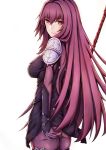  1girl ass bodysuit breasts fate/grand_order fate_(series) gae_bolg holding holding_weapon long_hair looking_at_viewer looking_back medium_breasts ohguro_mariya pauldrons polearm purple_bodysuit purple_hair red_eyes scathach_(fate/grand_order) simple_background smile solo spear standing weapon white_background 