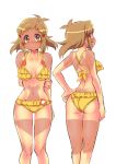  1girl arm_behind_back ass bikini breasts brown_eyes brown_hair cleavage frilled_bikini frills hair_ornament hand_on_hip holding_arm kouji_(kari) looking_back medium_breasts senki_zesshou_symphogear short_hair simple_background solo swimsuit tachibana_hibiki_(symphogear) tan tanline thigh_gap white_background yellow_bikini 