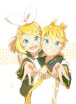  1boy 1girl :d ahoge arm_around_neck bare_shoulders blonde_hair blush bon_bon_eee bow brother_and_sister cheek-to-cheek detached_sleeves foreshortening green_eyes grin hair_bow hair_ornament hairclip headphones heads_together headset highres hug hug_from_behind kagamine_len kagamine_rin looking_at_viewer neckerchief necktie sailor_collar sailor_shirt shirt short_ponytail siblings side-by-side sleeveless sleeveless_shirt smile star_(symbol) twins upper_body v vocaloid white_bow white_shirt yellow_nails yellow_neckerchief yellow_necktie 